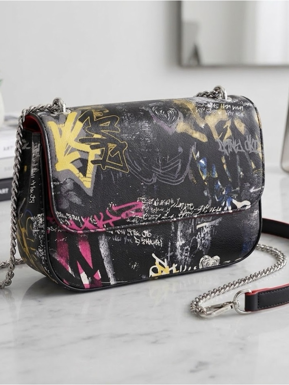 DKNY Sina Graffiti-Print Flap Crossbody Bag Black Yellow Pink